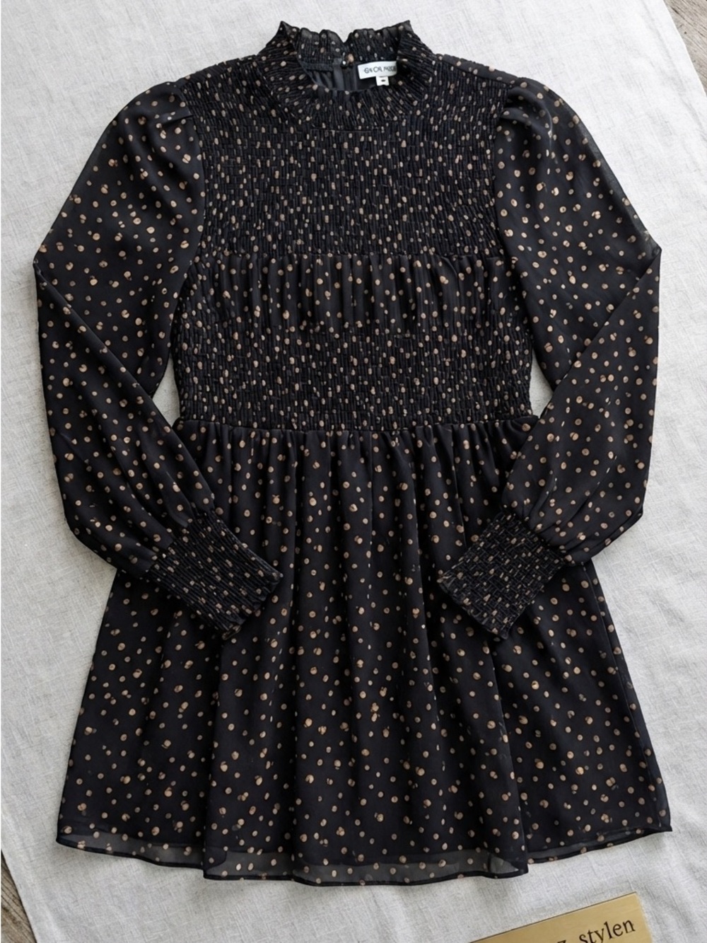 Smocked Long-Sleeve Polka Dot Mini Dress - Black with Gold Dots
